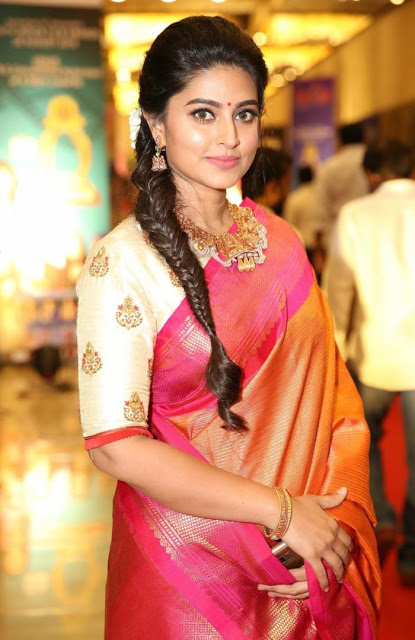 Actress Sneha In Orange Traditional Indian Pattu Saree At Santhosam Awards 16